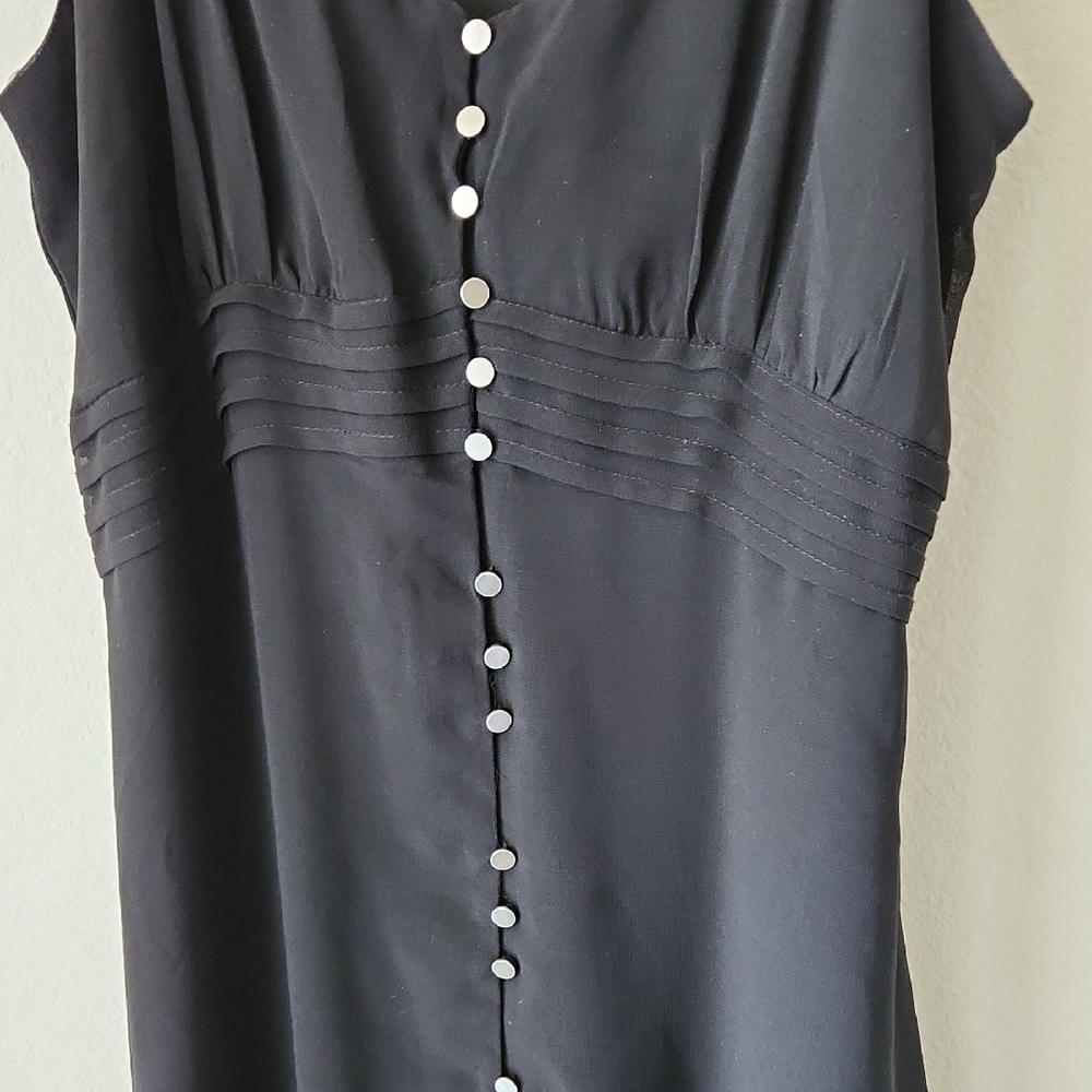 Black Slip Dress Camisole Straps High Low Hem silver tone buttons Pleated Waist - Picture 4 of 16